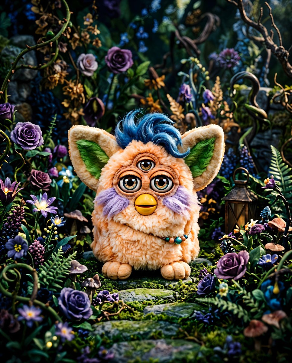 一只橙白色、毛茸茸、三只眼睛的Furby玩偶,大而精细的眼睛,黄色的喙,居中放置在盛开的花园背景前。Furby头顶有一簇簇蓝色毛发,脸部周围有淡紫色的绒毛点缀。它的耳朵是浅褐色的…