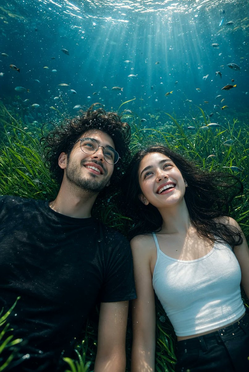 超写实 IMAX 级 Netflix 风格水下奇幻浪漫人像,9:16 竖版构图,一对快乐的年轻情侣并肩躺在郁郁葱葱的水下草地上,草地覆盖着鲜艳的翡翠绿色海草…