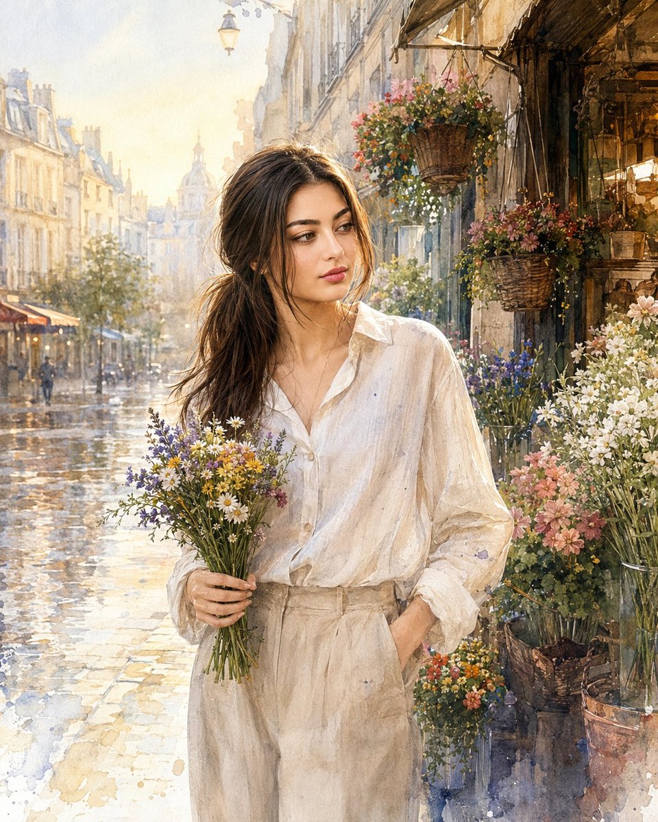 ( GPT image 2) 超写实 IMAX 级 Netflix 风格水彩时尚插画，4:5 竖向构图，一位惊艳的年轻女子在黎明时分伫立于雨后浸湿的欧式花街旁…