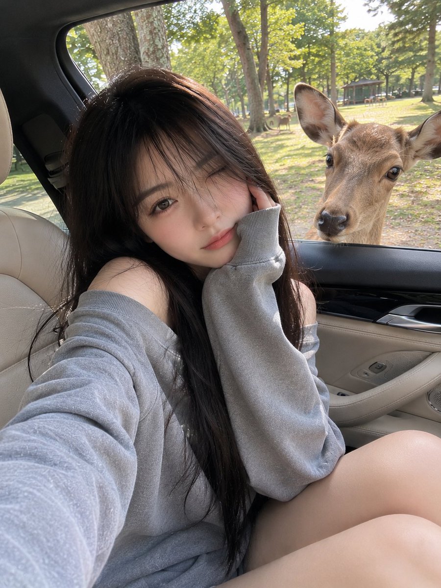 一位年轻的日本女孩，留着柔顺的黑色长发和柔和的碎刘海，随意地坐在一辆米色真皮内饰的豪华汽车前排副驾驶座上，身穿一件宽松的灰色露肩运动衫。自然的柔和微笑，一只手比着剪刀手（胜利手势…