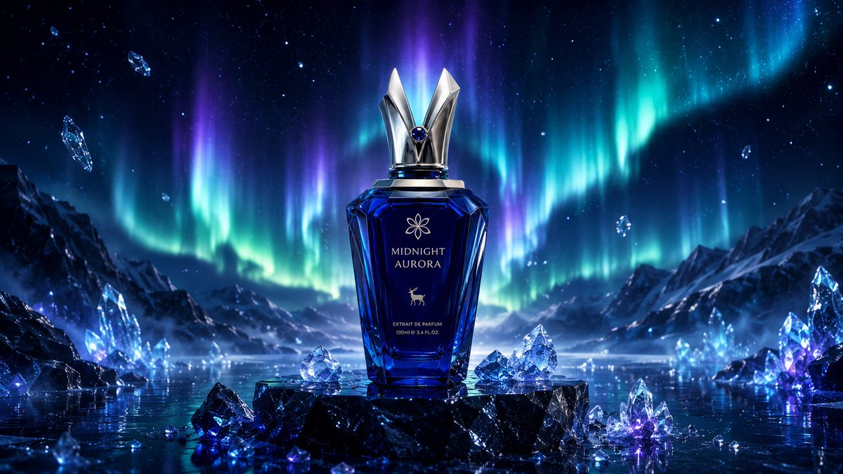 以竖版构图创建一个超高端奢华的产品摄影场景,主推一款名为“MIDNIGHT AURORA”的虚构小众香水。 香水瓶采用简洁的几何轮廓,由深邃的蓝宝石色水晶玻璃打造,配以拉丝铂金装…