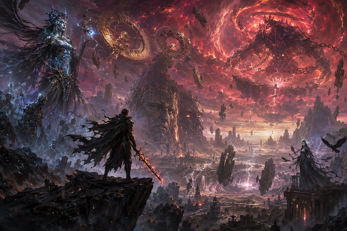 一段提示词分享。 奇幻艺术提示词 —— "喂养诸神" 史诗级黑暗奇幻艺术作品,电影级写实风格,超高细节,神话恐怖奇幻氛围,巨型尺度,戏剧性光效,古老诸神在濒死世界之下苏醒。 一位…