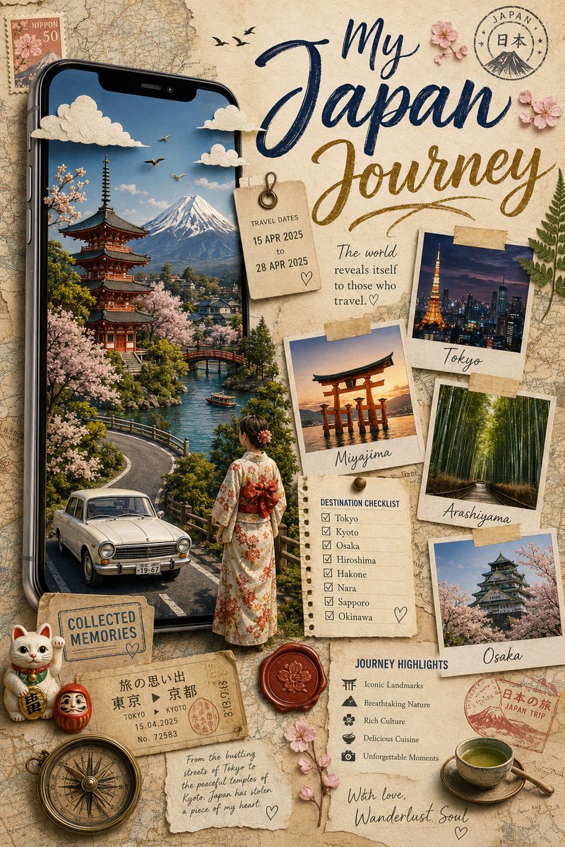 创建一个高级旅行剪贴簿海报，采用纵向 4:5 比例，优雅的 Pinterest 风格旅行回忆拼贴画。一部巨大的逼真智能手机立在左侧，其屏幕上浮现出一个令人惊叹的 3D 剪纸立体场…