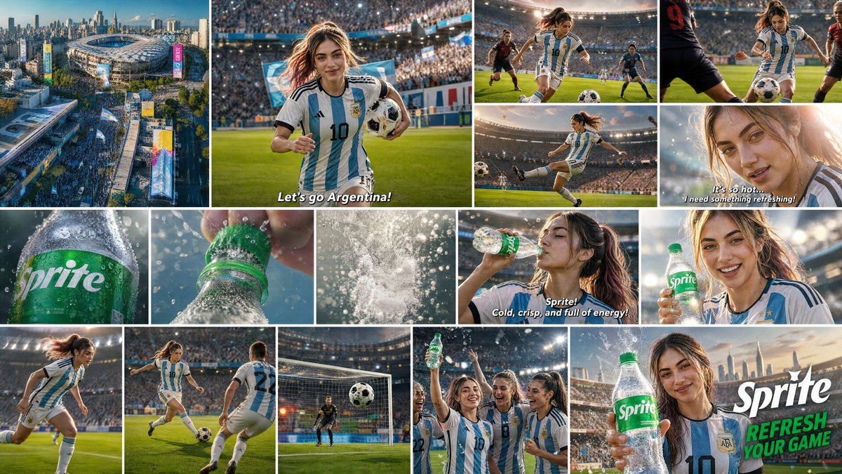 GPT图像分镜 prompt 15秒 FIFA世界杯主办城市 × 雪碧广告 风格：超写实4K电影级广告，色彩鲜艳，明亮阳光照明，逼真的皮肤与织物纹理，动态镜头…