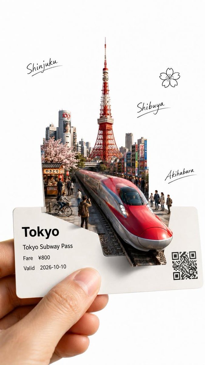 GPT image 2 于 CHATGPT 创建一幅高度精致、高端的旅行艺术插画，画面前景中有一只手握着一张白色的 [CITY_NAME] 交通通行证。这张票必须看起来像一张真实…