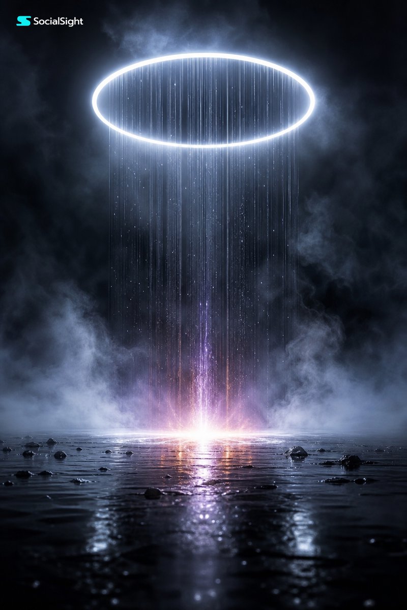 核心概念：一个超现实的科幻 / 神性能量场景，一个发光的圆形传送门或光环在黑暗的反射表面上方打开，向下射出一道垂直的光、雨或能量流，撞击到一个明亮的冲击点上…
