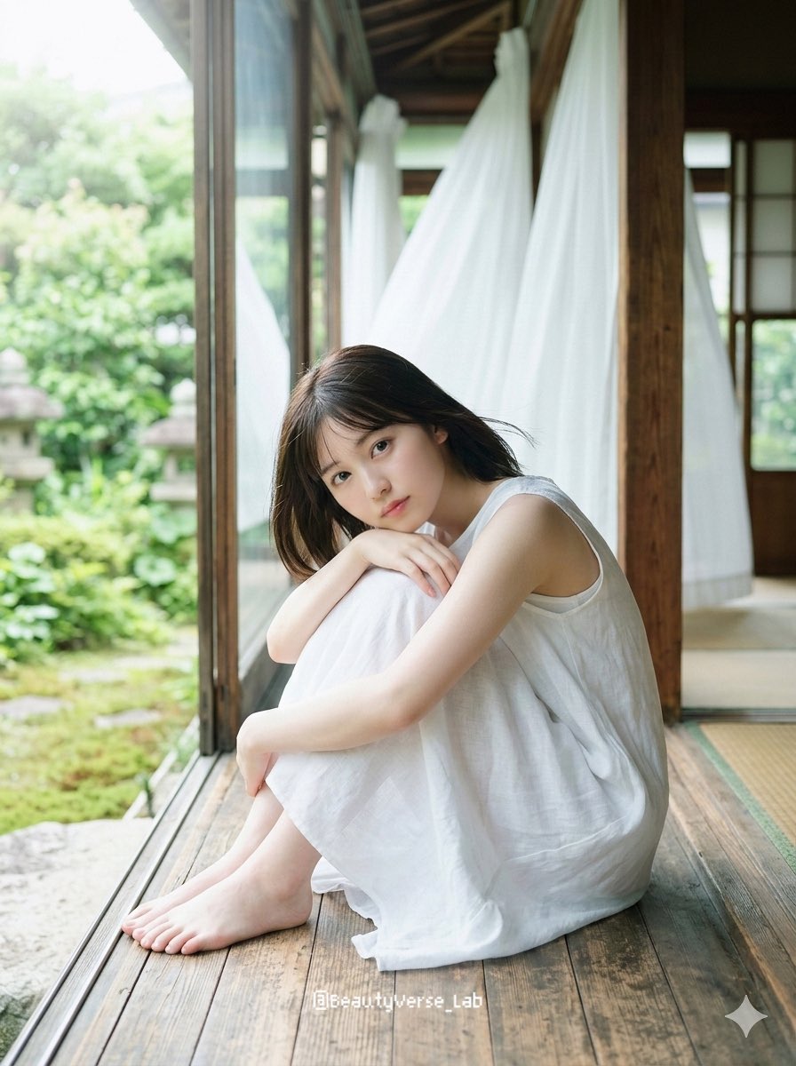 日本少女偶像，十八九岁至二十出头，坐在传统木质缘侧上，双膝抱至胸前，下巴轻搁膝上，双足裸露。面容纯净无瑕，皮肤透白如玻璃般莹润，泛着淡淡的自然光泽。极淡近乎素颜的妆容，仅有柔和的…