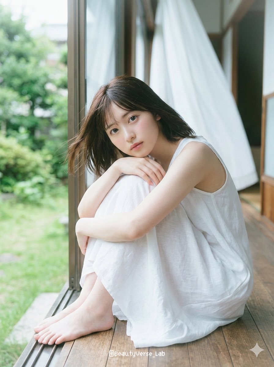 日本少女偶像，十八九岁至二十出头，坐在传统木质缘侧上，双膝抱至胸前，下巴轻搁膝上，双足裸露。面容纯净无瑕，皮肤透白如玻璃般莹润，泛着淡淡的自然光泽。极淡近乎素颜的妆容，仅有柔和的…