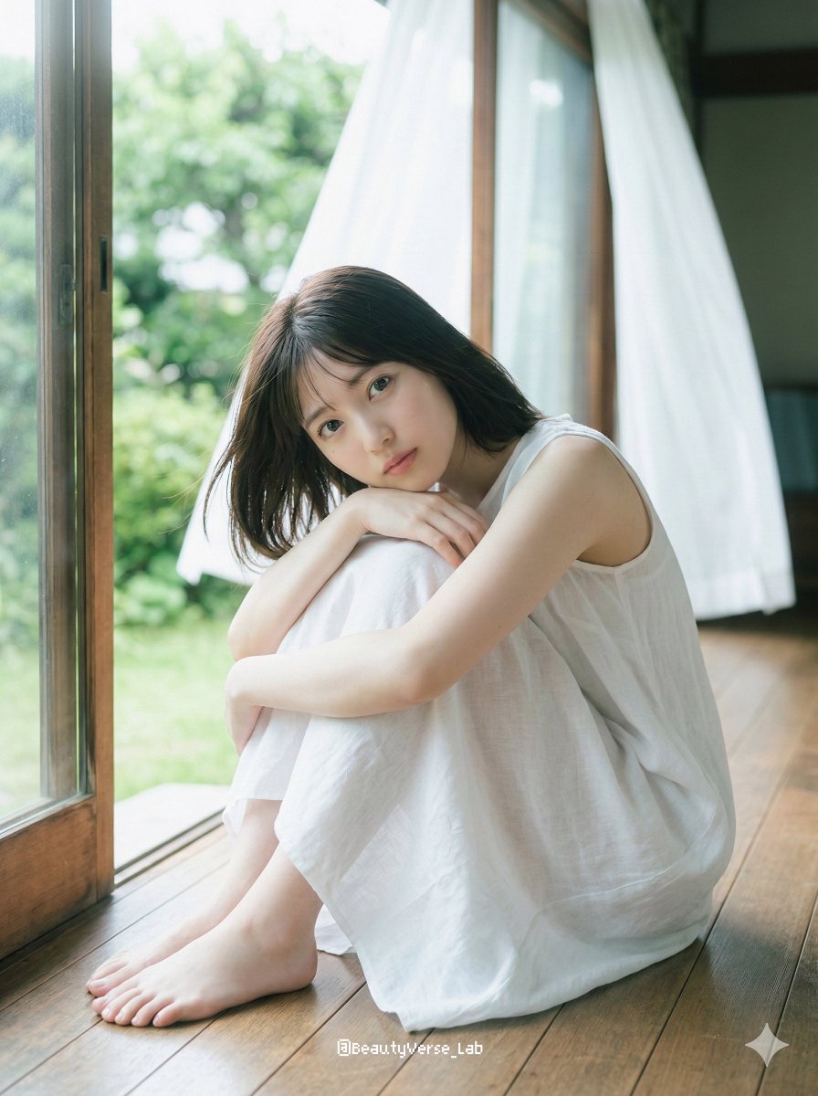 日本少女偶像，十八九岁至二十出头，坐在传统木质缘侧上，双膝抱至胸前，下巴轻搁膝上，双足裸露。面容纯净无瑕，皮肤透白如玻璃般莹润，泛着淡淡的自然光泽。极淡近乎素颜的妆容，仅有柔和的…