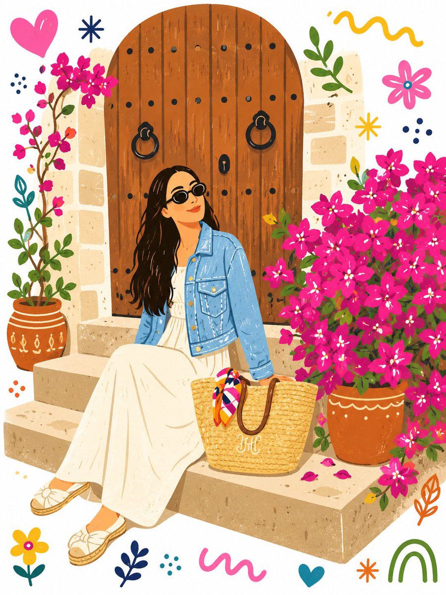 将整张图像转化为单幅扁平的装饰性民间艺术插画,并带有涂鸦元素。使用与原图完全不同的大胆而俏皮的配色方案。将所有细节简化为干净、扁平的形状,带有手工绘制、略显不完美的感觉,仿佛是画…