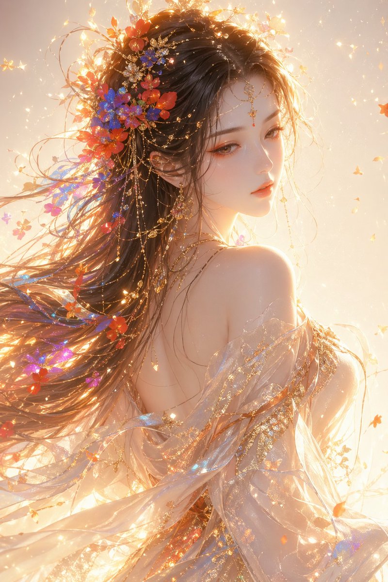 东方奇幻美学,女性半身肖像,回眸凝视,飘逸优雅的气质,柔和的神圣魅力,精致的面部特征,柔和低垂的目光,瓷白细腻的肌肤质感,淡淡的桃粉红晕并带有金色高光。 秀发倾泻流动,交织着色彩…