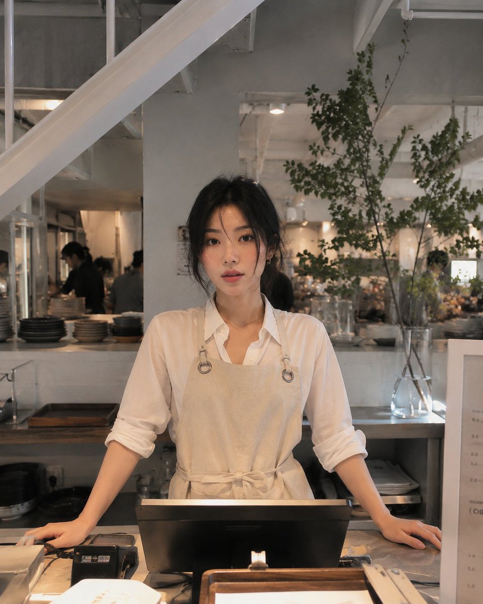 超写实电影级生活方式摄影：一位美丽的年轻女性在一家时尚现代咖啡馆担任餐厅员工。从柜台后方捕捉的动感侧面角度，她正向前伸手为顾客服务，自然的工作瞬间，神情专注…