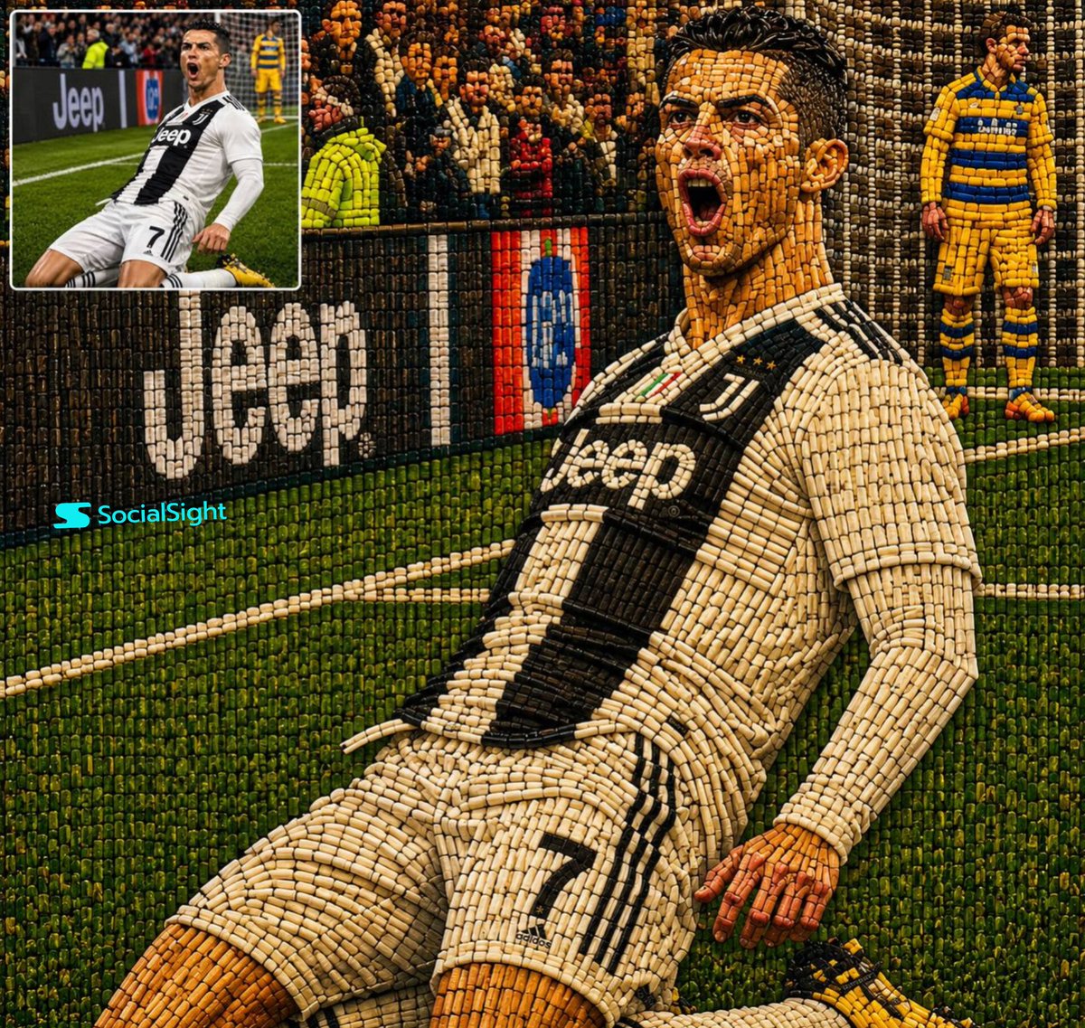超精细 FIFA 世界杯葡萄牙足球传奇木质雕塑，灵感来自标志性的葡萄牙 7 号超级巨星，完全由数千根微型木棍、火柴、木块和手工马赛克碎片制作而成。每块肌肉、面…