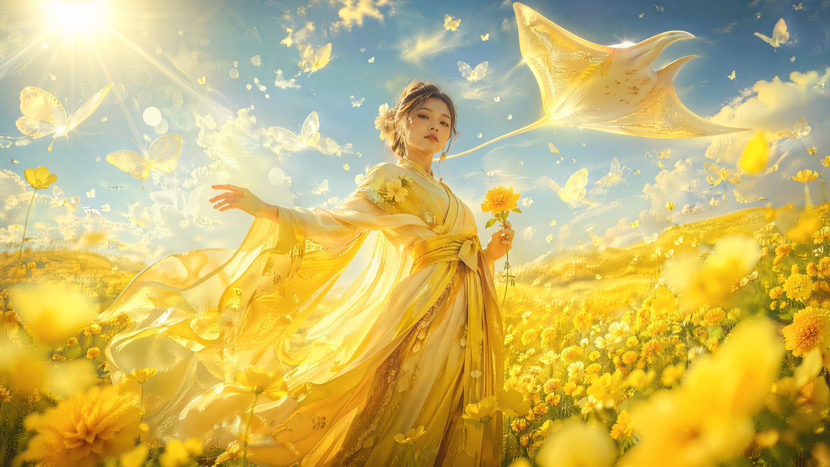 一张以极低角度仰拍的专业摄影作品，以[PRIMARY COLOR]色调的超现实美学风格重新呈现。画面主体是一位女性，以[POSE DESCRIPTION – 例如：柔和的半转身…