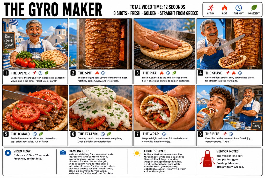 “为“THE GYRO MAKER（希腊烤肉卷大师）”制作一张清晰、简洁的信息图式分镜海报。宽幅 16:9 布局，白色背景，黑色边框，粗体黑色字体，高级 Pi…