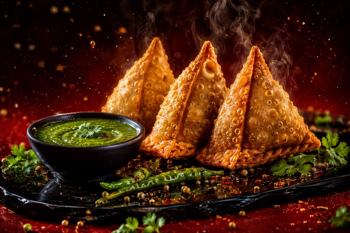 - 超标志性奢华 SAMOSA 杰作 —— 三只手工精制的金棕色 samosa（咖喱角）巍然挺立在一面镜面抛光的黑曜石托盘之上，作为精英全球美食广告活动的璀璨…