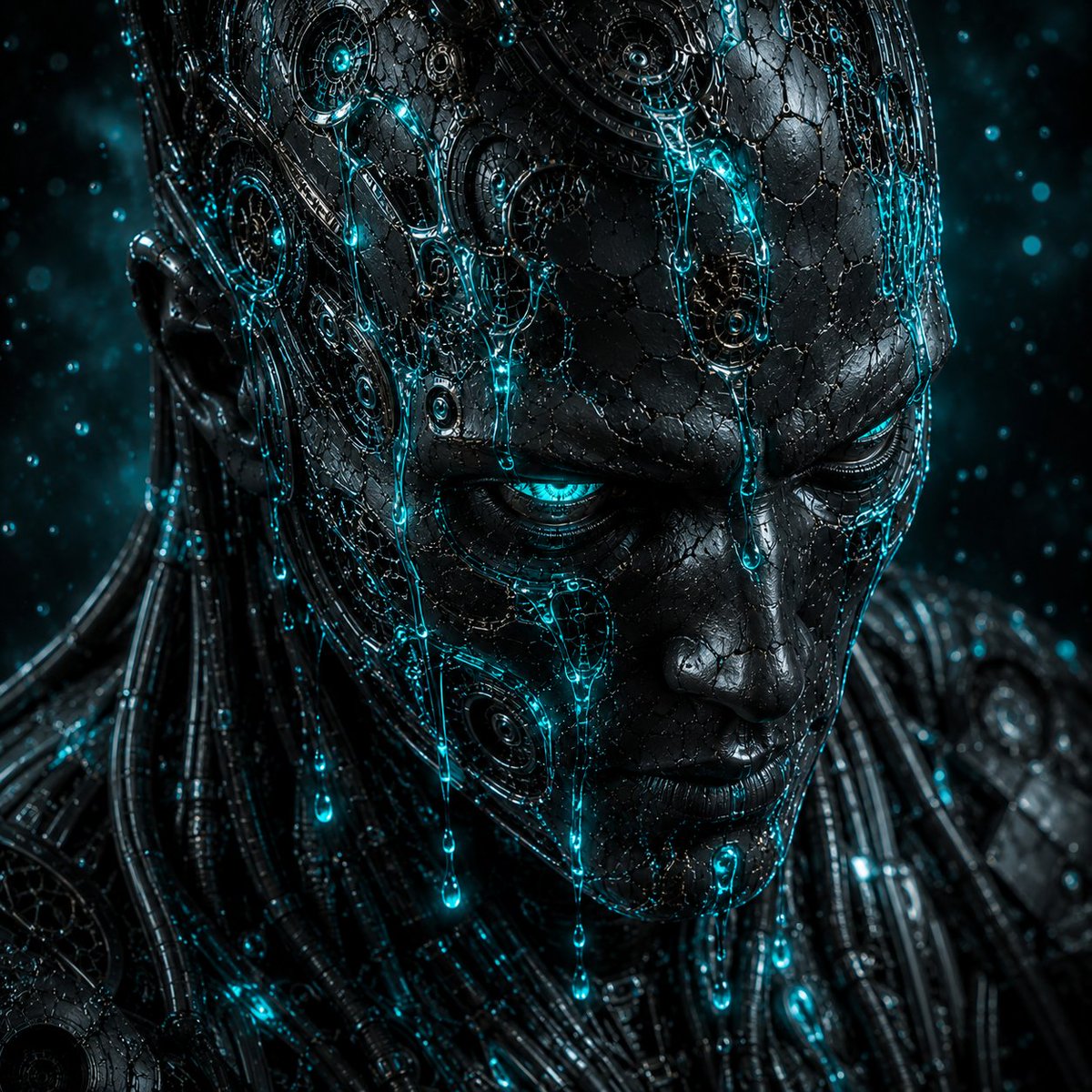 📝 一张关于 {CHARACTER} 的超写实电影级赛博格肖像。 该角色是先进生物机械工程与合成意识的融合体。碎裂的合成皮肤与深色金属面部面板之下,暴露出精密的机械结构、黑色钛合…