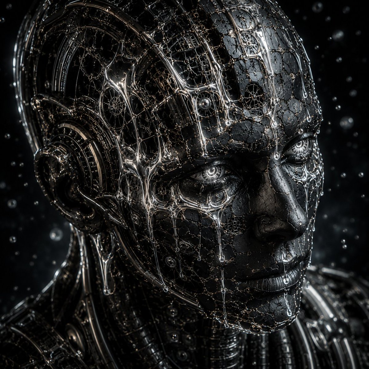 📝 一张关于 {CHARACTER} 的超写实电影级赛博格肖像。 该角色是先进生物机械工程与合成意识的融合体。碎裂的合成皮肤与深色金属面部面板之下,暴露出精密的机械结构、黑色钛合…