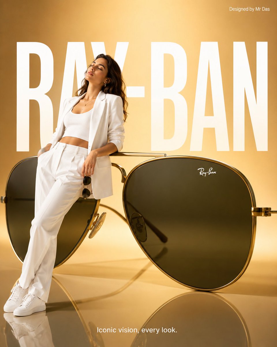 极简风格的商业广告，主打超大号 Ray-Ban 飞行员太阳镜，整体设计极致简洁。一位身穿全白色造型的年轻女子随意倚靠在巨大的太阳镜上，姿态放松而自信，双眼微闭…