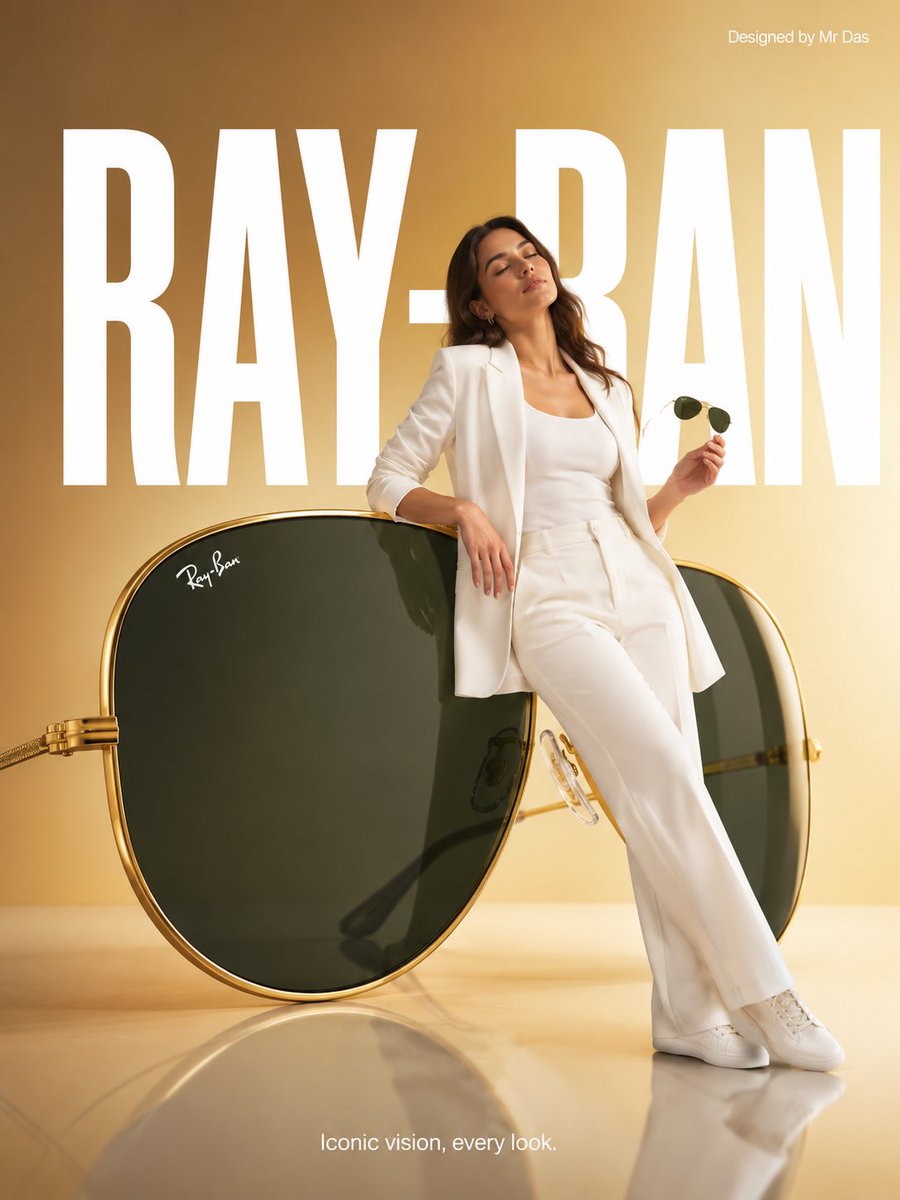 极简风格的商业广告，主打超大号 Ray-Ban 飞行员太阳镜，整体设计极致简洁。一位身穿全白色造型的年轻女子随意倚靠在巨大的太阳镜上，姿态放松而自信，双眼微闭，手中还拿着一副常规…
