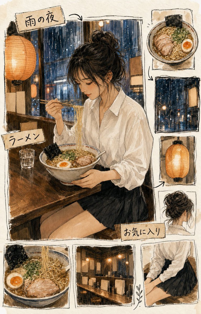 用途：插画故事 素材类型：用于 X 社交帖子的竖版编辑插画 主要请求：创作一幅高度细致的日本生活杂志手绘插画，画中有一位明显是成年人的日本女性，约 25 岁…