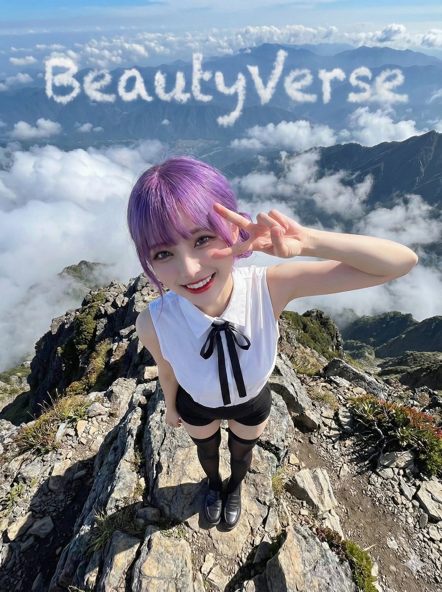 极端高角度鸟瞰视角全身镜头,一位女性自信地站立在崎岖山峰之巅。她抬头望向镜头,目光明亮亲切,笑容愉快俏皮。她的右手举至眼部附近,做出清晰的和平手势(V 字手势 / YA 手势)…