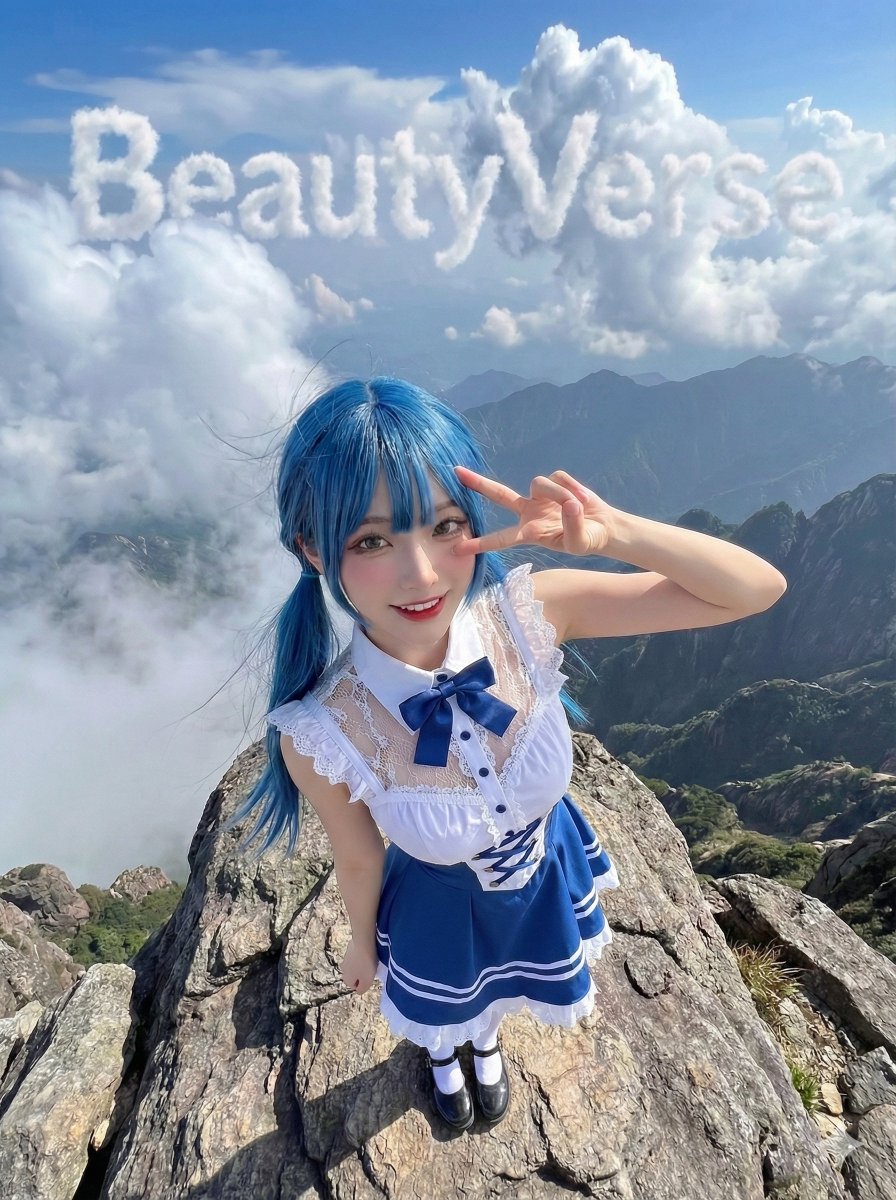 极端高角度鸟瞰视角全身镜头,一位女性自信地站立在崎岖山峰之巅。她抬头望向镜头,目光明亮亲切,笑容愉快俏皮。她的右手举至眼部附近,做出清晰的和平手势(V 字手势 / YA 手势)…