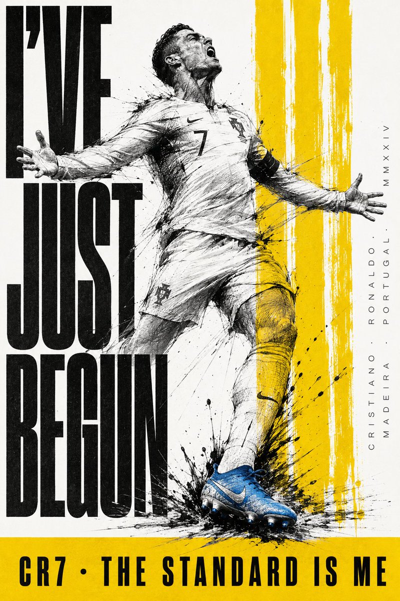 Cristiano Ronaldo 体育海报， 灵感来源于日本水墨画（sumi-e） 与当代体育摄影的碰撞， 背景——纯净白色 Pantone 11-0601…