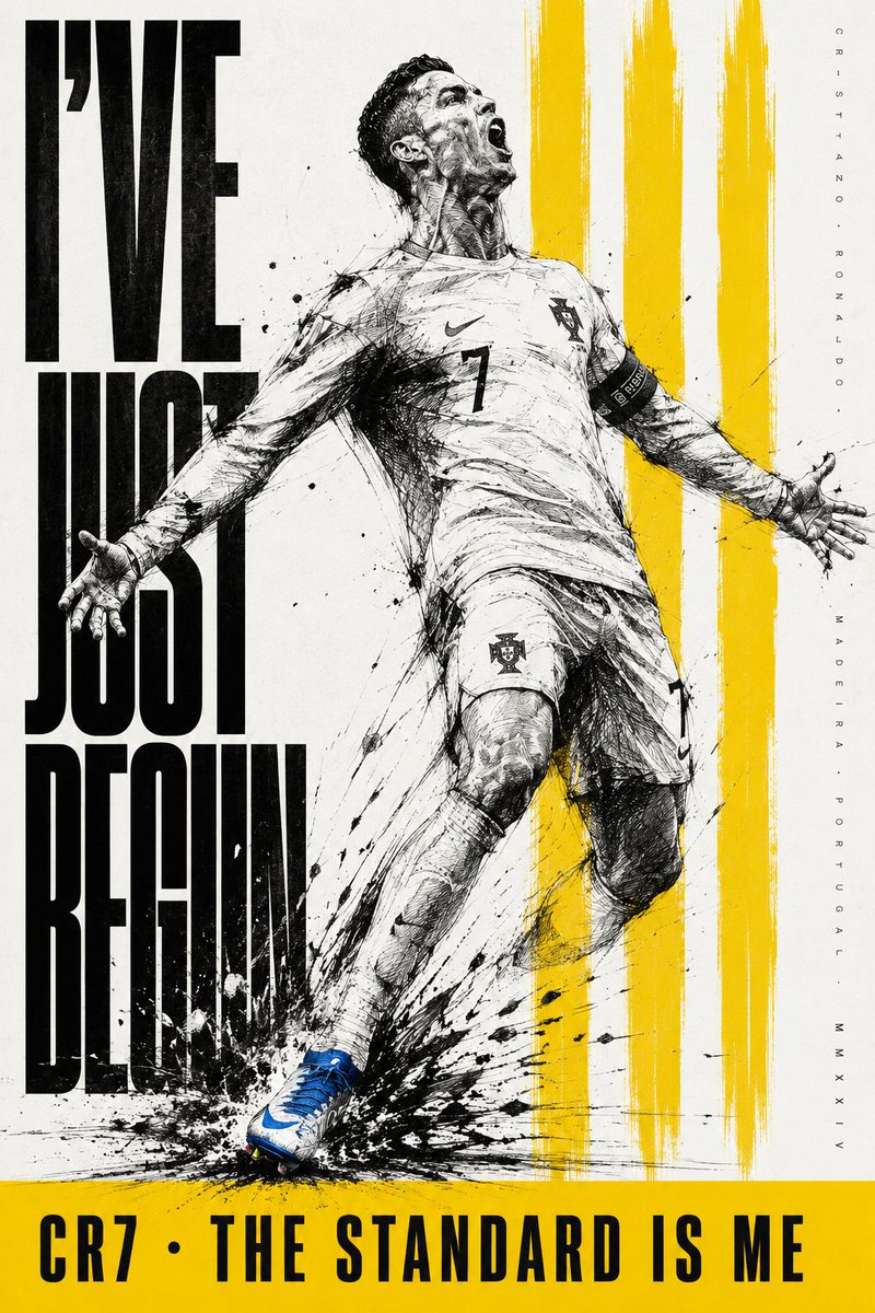 Cristiano Ronaldo 体育海报, 灵感来源于日本水墨画(sumi-e) 与当代体育摄影的碰撞, 背景——纯净白色 Pantone 11-0601—— 不是米白 不是…