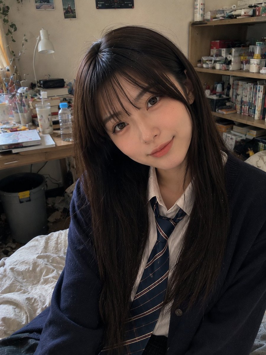 美丽的年轻日本女性（22岁），留着长直深棕色头发和柔软的碎刘海，身穿海军蓝开衫、白色纽扣衬衫、条纹领带和深色格纹短裙，随意坐在一居公寓卧室里整理干净的床沿。柔和自然的微笑，放松的…