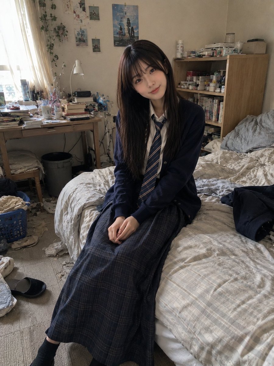 美丽的年轻日本女性（22岁），留着长直深棕色头发和柔软的碎刘海，身穿海军蓝开衫、白色纽扣衬衫、条纹领带和深色格纹短裙，随意坐在一居公寓卧室里整理干净的床沿。柔和自然的微笑，放松的…