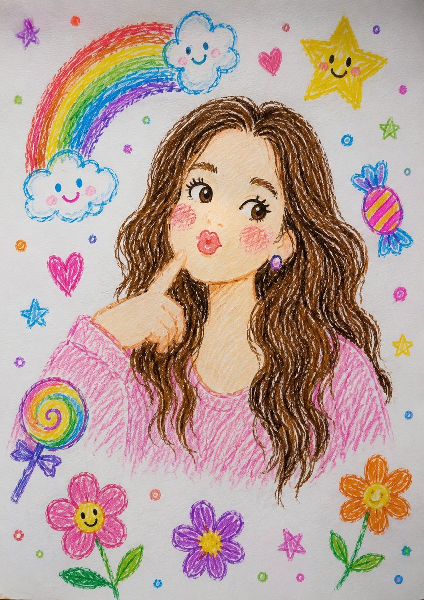 将这幅蜡笔画风格的插画转换为高度逼真的专业摄影作品。保持相同的姿势、面部表情、手势和构图。将画中角色转换为一个真实的年轻女性,具备自然的皮肤质感、真实的眼睛、细腻的发丝和真实的面…