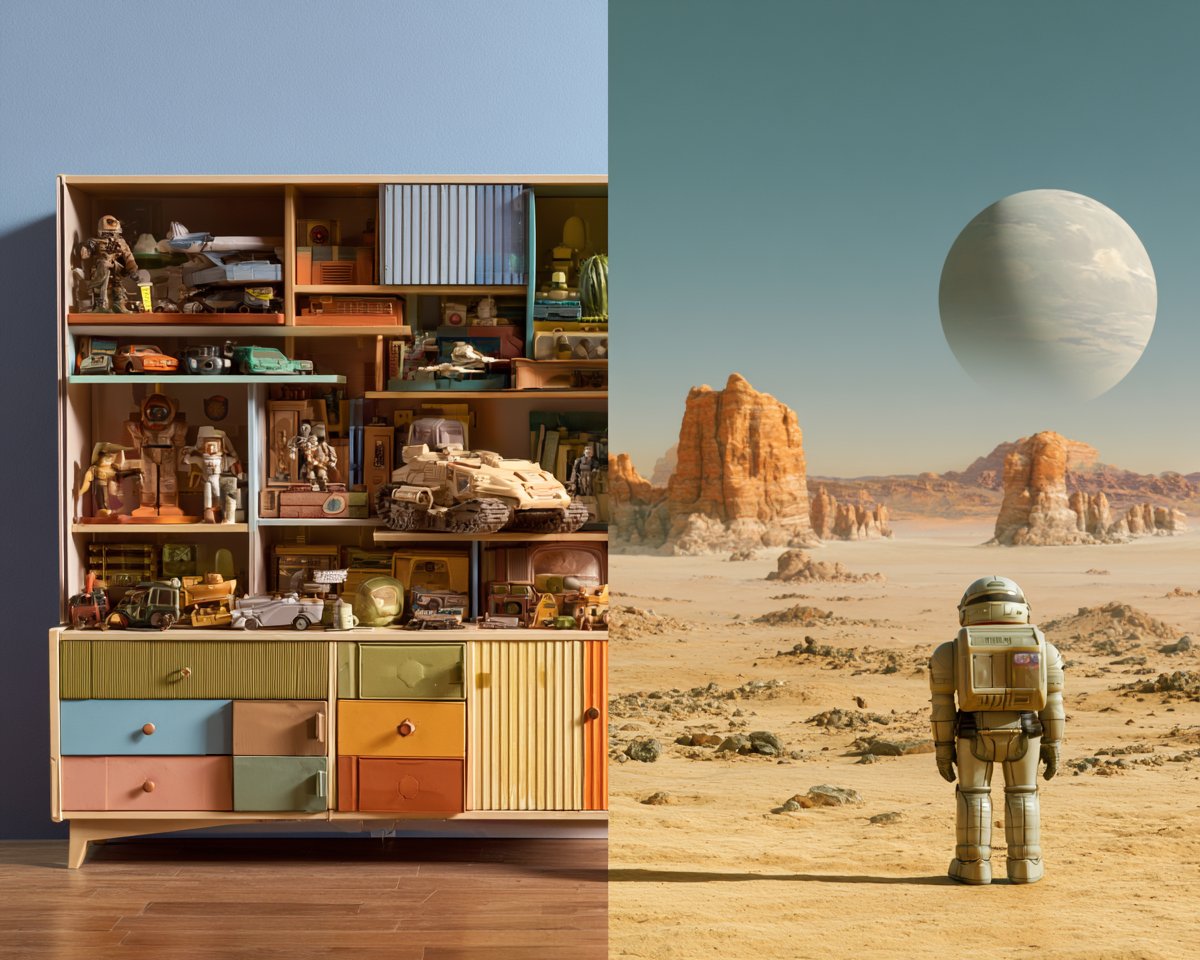 高级照片,原创复古科幻玩具架,展示宇宙英雄人偶、外星伙伴、水晶沼泽载具、古代遗迹和蒙面反派人偶,排列为一个连贯的玩具系列,彩色纸板行星背景,柔和的周末工作室光线,干净无品牌图像表…