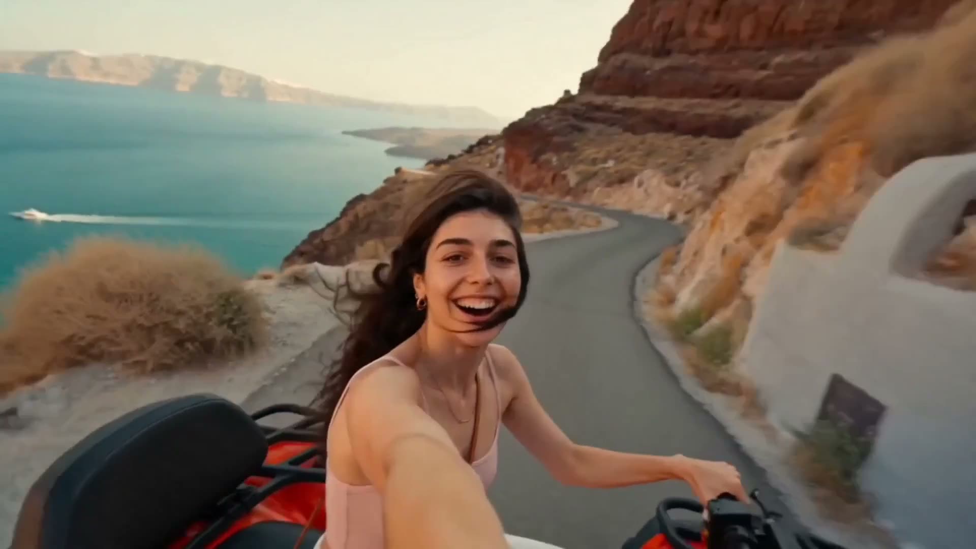 在希腊圣托里尼探索的年轻女性旅行博主,美丽动人,有着被阳光照耀的波浪长卷发,穿着时尚的地中海夏季服饰,性格无忧无虑、热爱冒险,呈现真实的手持iPhone旅行V…