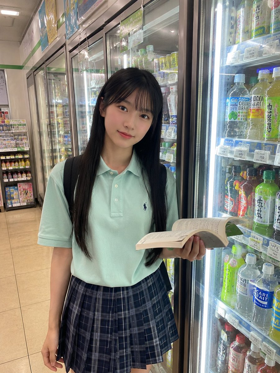 日本女孩，留着长直黑色头发和柔和的稀疏刘海，穿着薄荷绿色 polo 衫和蓝色格纹裙，随意地站在一家便利店装满色彩缤纷饮品的冰箱前。一只手拿着一本翻开的书，姿态放松，神情柔和自然…