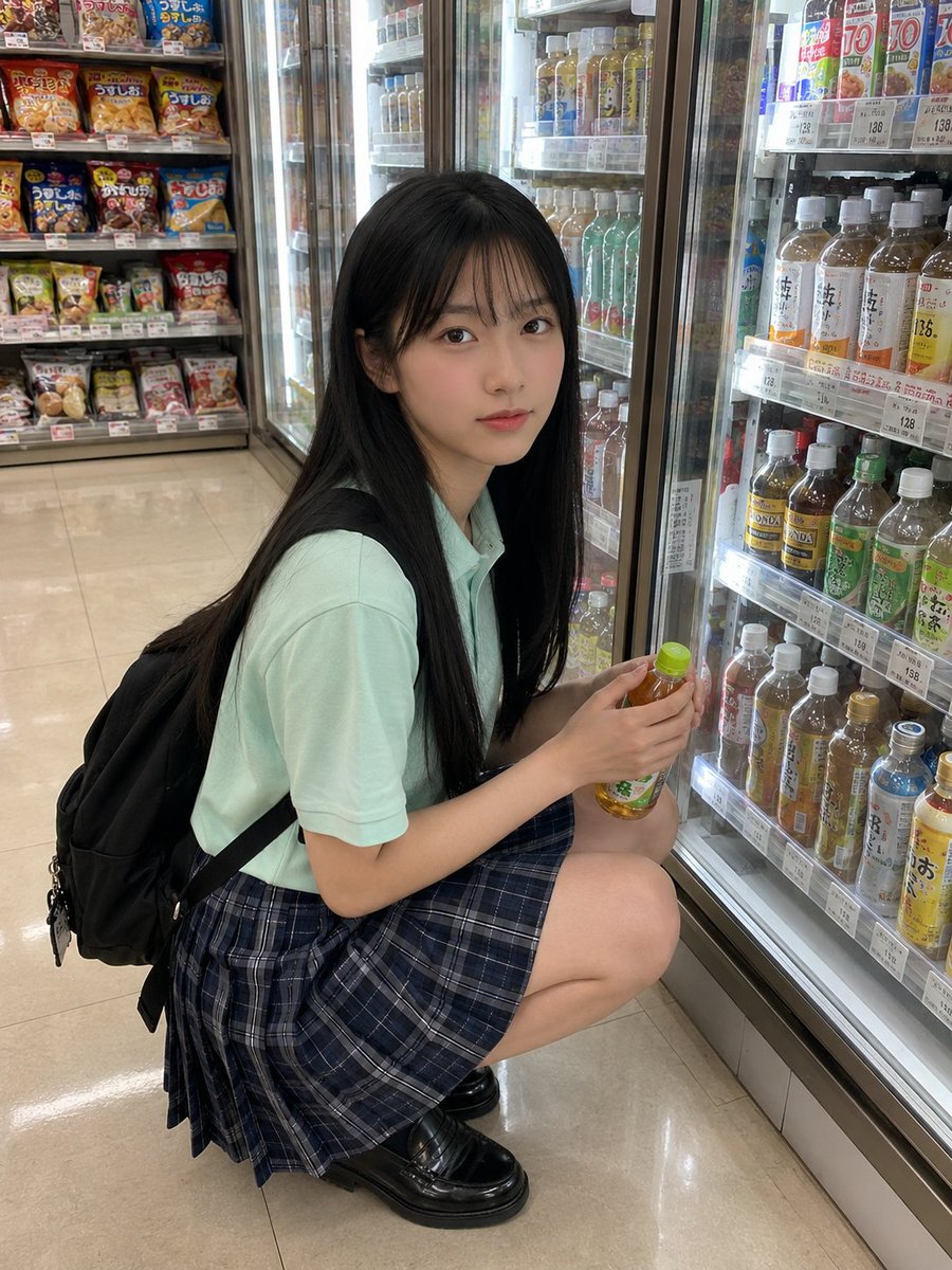 日本女孩，留着长直黑色头发和柔和的稀疏刘海，穿着薄荷绿色 polo 衫和蓝色格纹裙，随意地站在一家便利店装满色彩缤纷饮品的冰箱前。一只手拿着一本翻开的书，姿态放松，神情柔和自然…