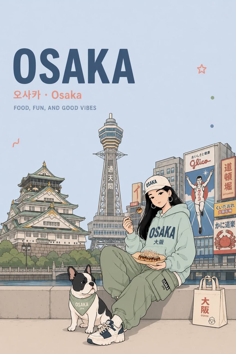 动漫旅行海报插画,采用干净的粉彩美学风格,竖版构图。一位时尚年轻女性,长黑发,穿着印有城市主题的连帽衫、工装裤、运动鞋,戴着棒球帽,与一只可爱的法国斗牛犬相伴,悠闲地坐在或站在前…