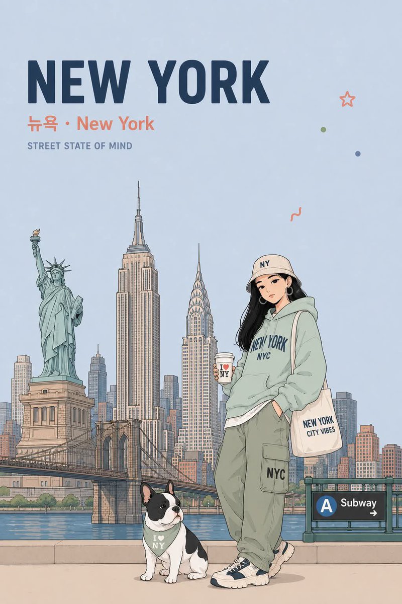 动漫旅行海报插画,采用干净的粉彩美学风格,竖版构图。一位时尚年轻女性,长黑发,穿着印有城市主题的连帽衫、工装裤、运动鞋,戴着棒球帽,与一只可爱的法国斗牛犬相伴,悠闲地坐在或站在前…