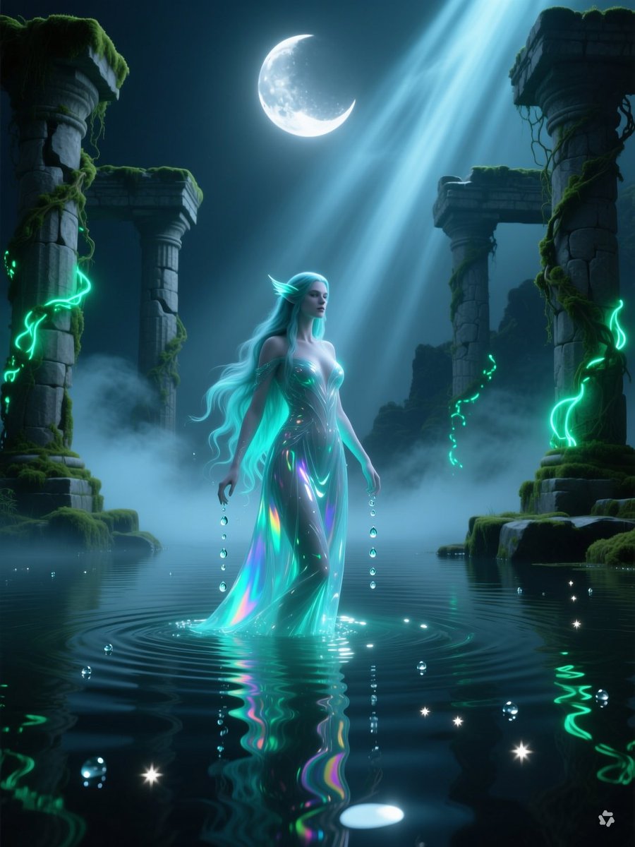 🌊 提示分享:月光湖的水仙女 一位令人惊叹的空灵水仙女优雅地从神秘的月光湖中浮现,周围是被发光生物荧光藤蔓和苔藓覆盖的古老石制废墟。她有长长的、流动的头发,与水无缝融合,半透明闪…