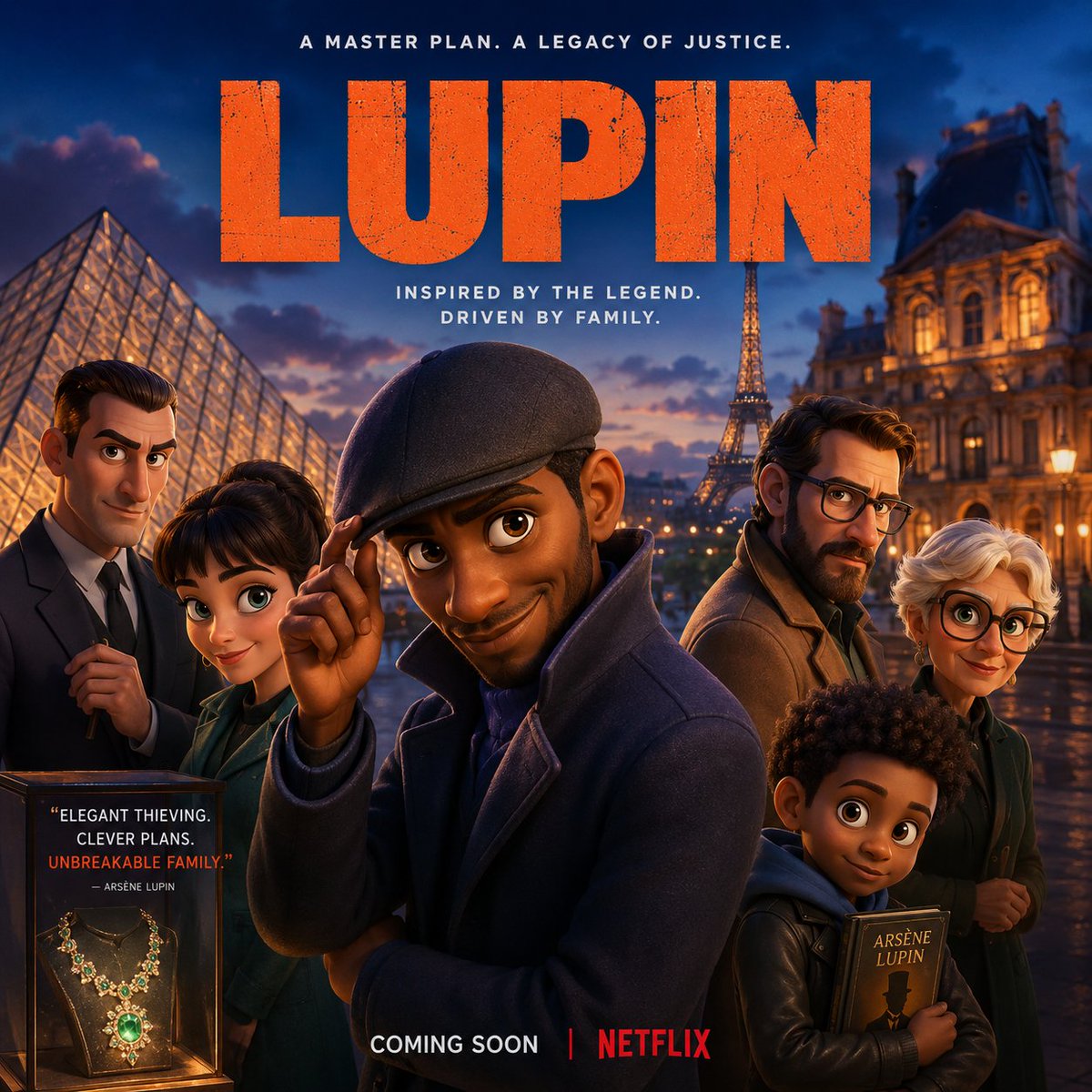 皮克斯风格的电影海报,重新构想电视剧《Lupin》(亚森·罗平/绅士怪盗)。将主要演员塑造成迷人的 3D CGI 漫画风格角色,拥有夸张、富有表现力的特征、大而传神的眼睛,以及温…