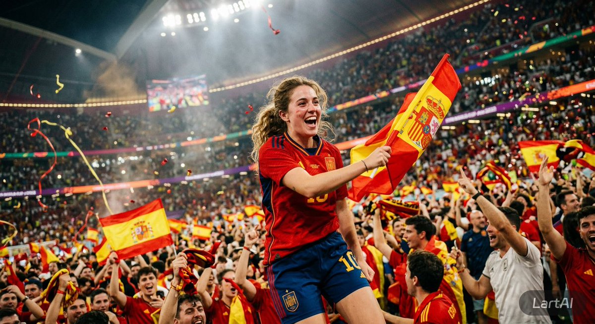 超逼真的2026年国际足联世界杯体育场场景,一名惊艳的年轻女子热情支持西班牙队。她身穿西班牙国家队官方球衣,骄傲地挥舞着一面巨大的西班牙国旗,站在座无虚席的体育场内8万名欢呼的球…