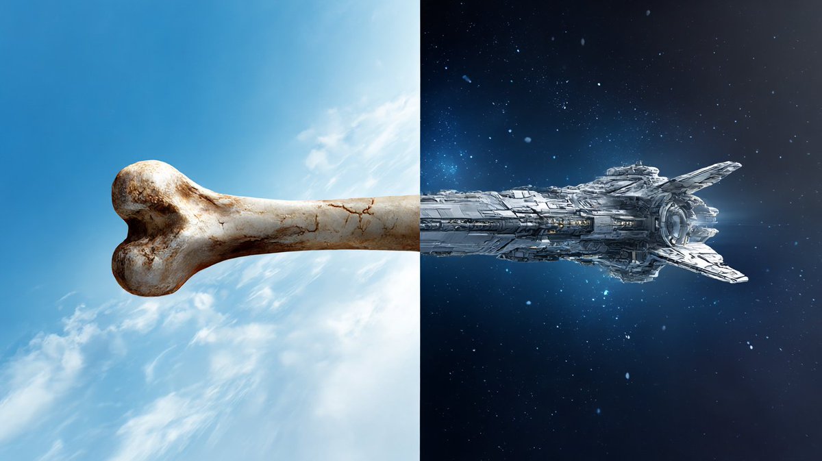 一个照片写实风格的分屏构图,精确地从中心一分为二。左半部分:一根精细的狗骨头倚靠在分割线上,背景是明亮的蓝天和柔和的云朵。右半部分:骨头有机地变形为一艘令人惊叹的未来主义飞船,其…