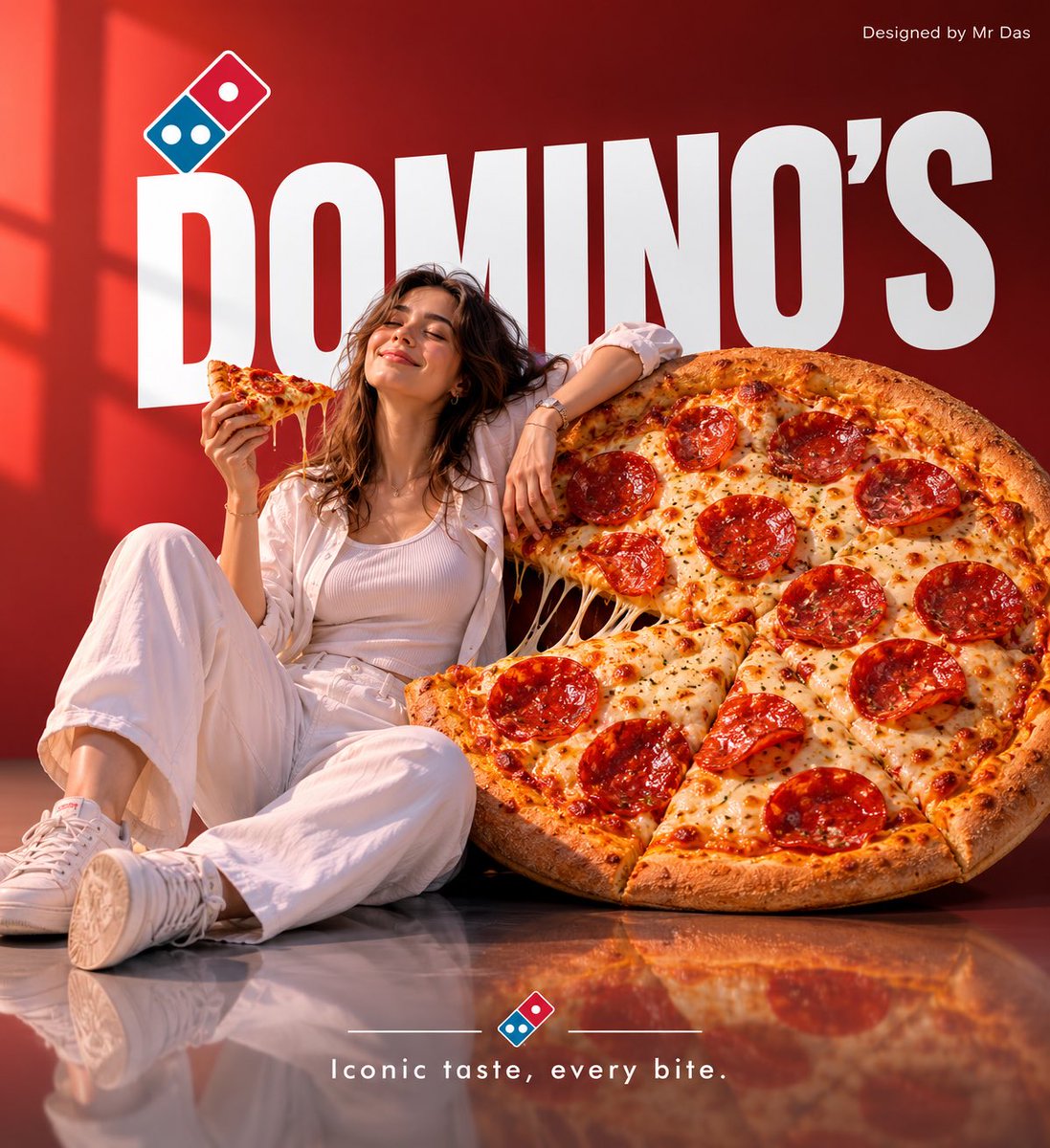极简风格商业广告，主打超大号 Domino’s 意式辣香肠披萨，设计极为简洁。一名身穿全白服装的年轻女子轻松地斜靠在巨型披萨上，姿态放松而自信，双眼微闭，手中…