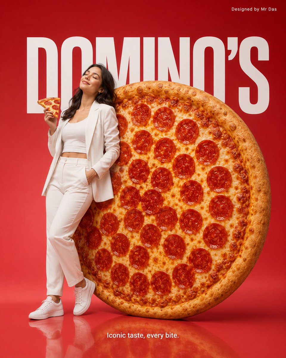 极简风格商业广告,主打超大号 Domino’s 意式辣香肠披萨,设计极为简洁。一名身穿全白服装的年轻女子轻松地斜靠在巨型披萨上,姿态放松而自信,双眼微闭,手中还拿着一块普通尺寸的…