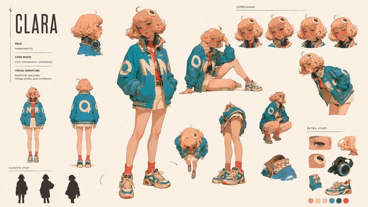 创作一幅艺术化的 16:9 角色身份识别板（CHARACTER IDENTITY BOARD）。 以图像 A 作为主体与视觉媒介。姓名：Clara。固定耳机。（请根据需要修改此行…