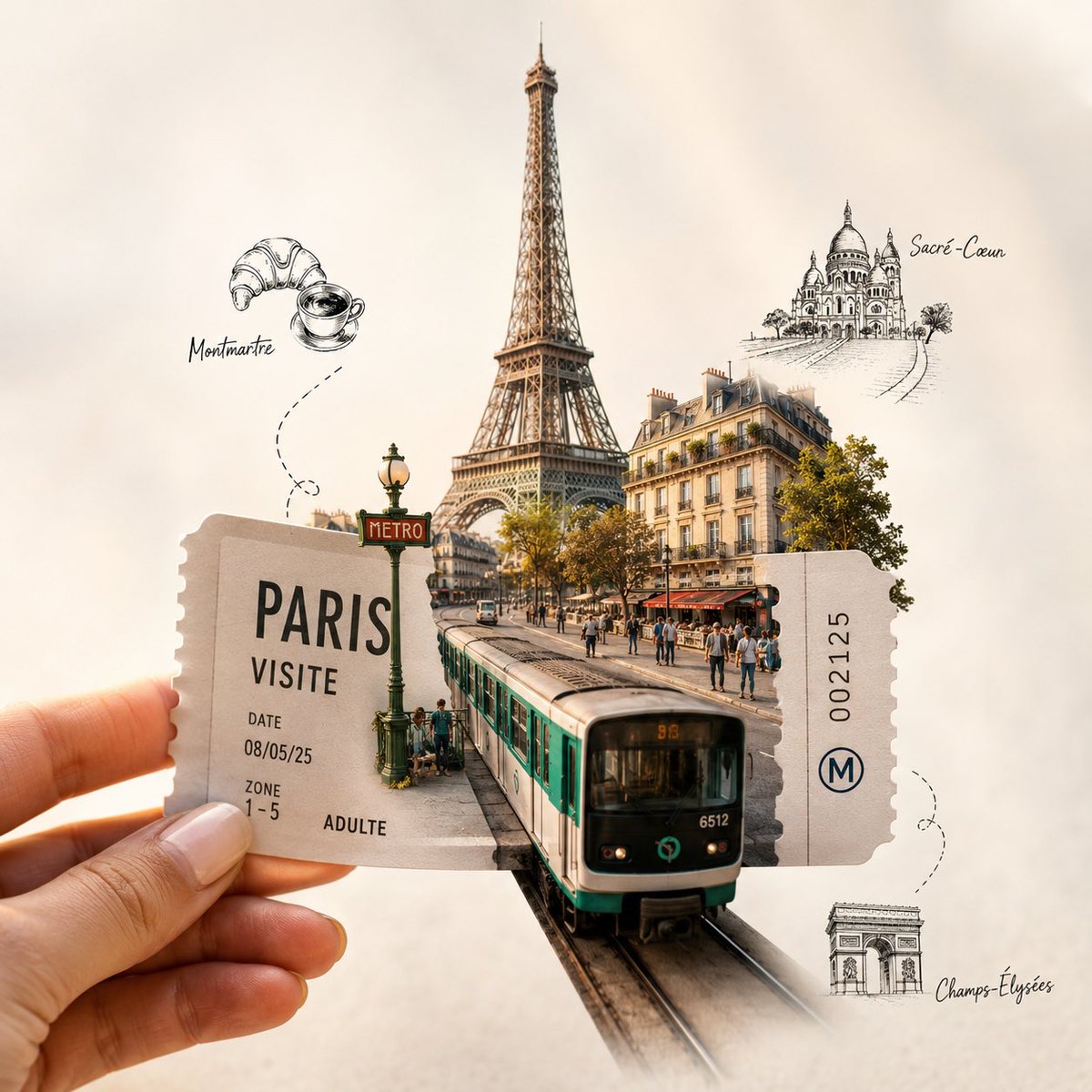 创作一幅高度精细、高端的旅行艺术插画，前景中是一只手拿着一张[城市专属车票/通行证]。这张车票是通往[城市名称]的入口，车票中浮现出真实感的微缩城市场景。 一个标志性的交通工具元…