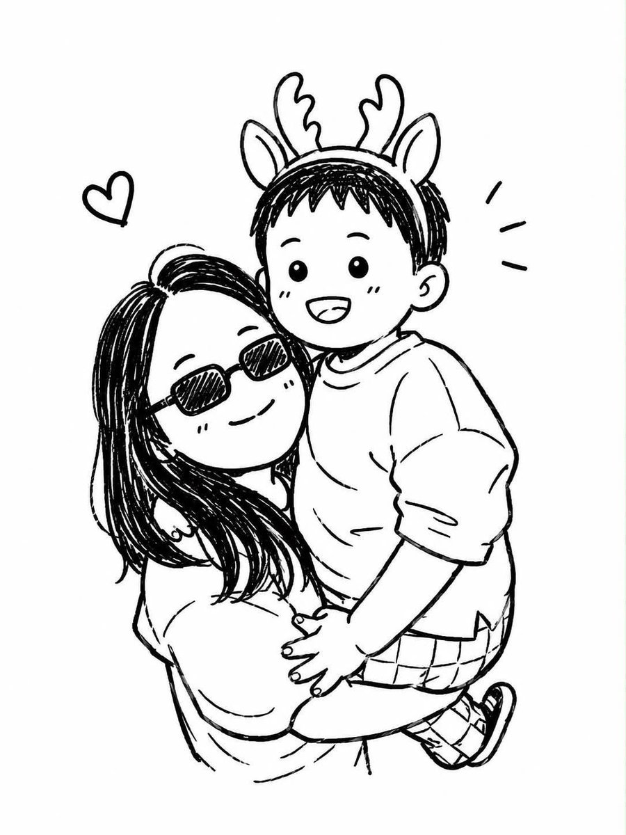 将上传的照片转换为可爱的黑白手绘Q版涂鸦插画。将母亲和孩子转换为拥有超大头部、小巧身体、圆圆的眼睛、柔和微笑和简化五官的可爱卡通角色的同时,保留原本精确的姿势、构图、面部表情、服…