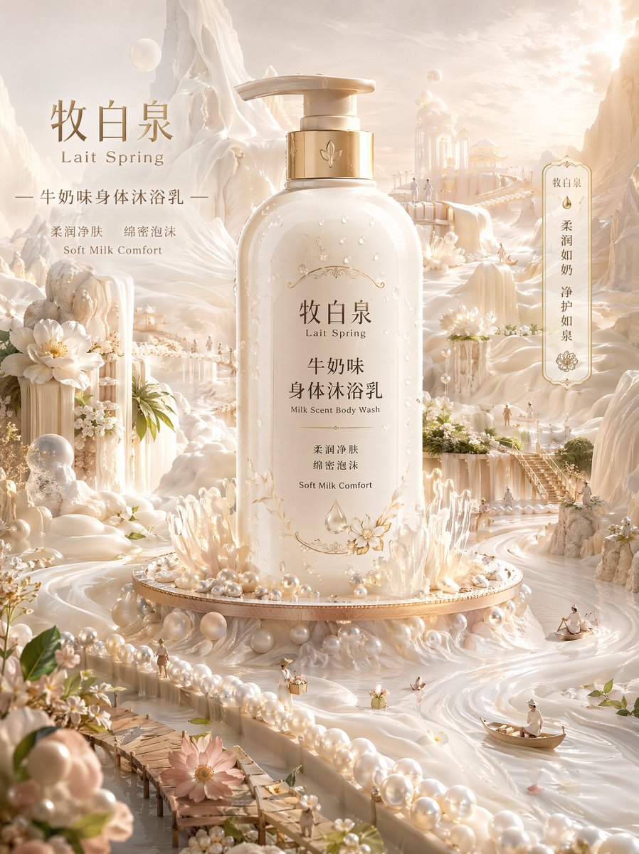 GPT- image 2 提示词👇 超现实奢华广告艺术作品，以一款高端牛奶香氛沐浴乳瓶作为宁静奶油质感养生世界的发光核心。品牌名称：牧白泉 / Lait Spring。瓶身产品名…