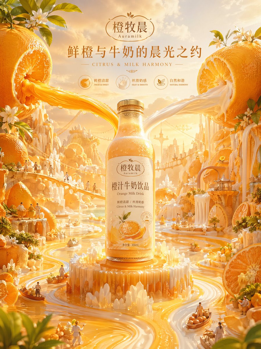 GPT- image 2 提示词👇 超现实奢华广告艺术作品，以一款高端牛奶香氛沐浴乳瓶作为宁静奶油质感养生世界的发光核心。品牌名称：牧白泉 / Lait Spring。瓶身产品名…