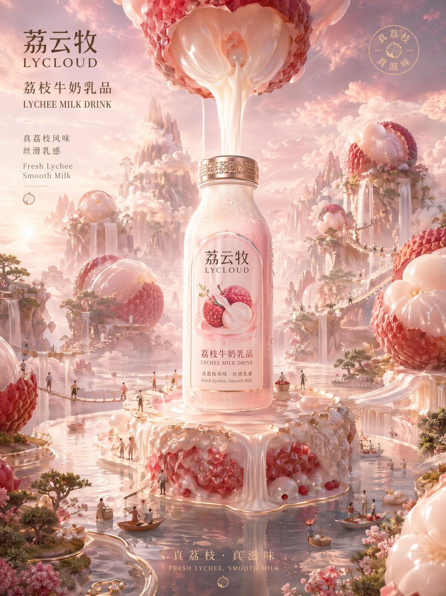 GPT- image 2 提示词👇 超现实奢华广告艺术作品，以一款高端牛奶香氛沐浴乳瓶作为宁静奶油质感养生世界的发光核心。品牌名称：牧白泉 / Lait Spring。瓶身产品名…